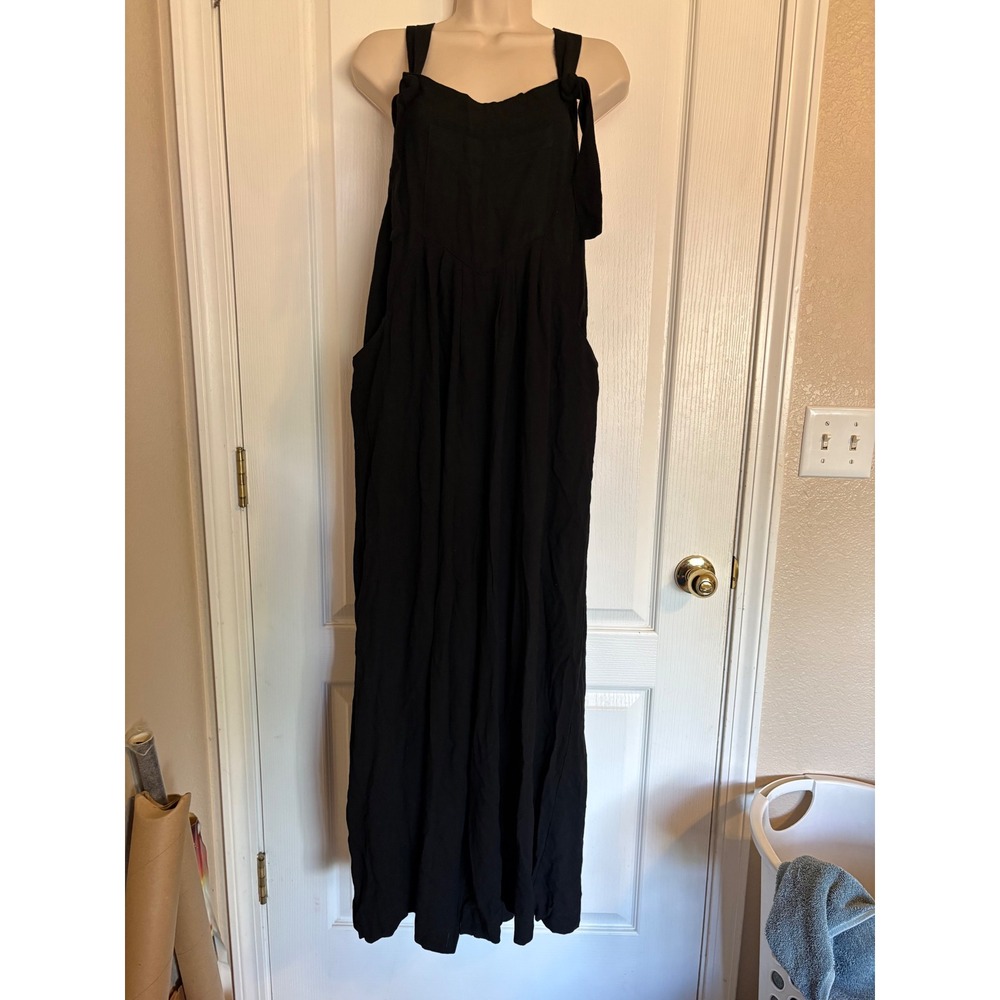 Natural Life Jumpsuit Women S Black Excellent Tie Shoulder Wide Leg Rayon Linen
